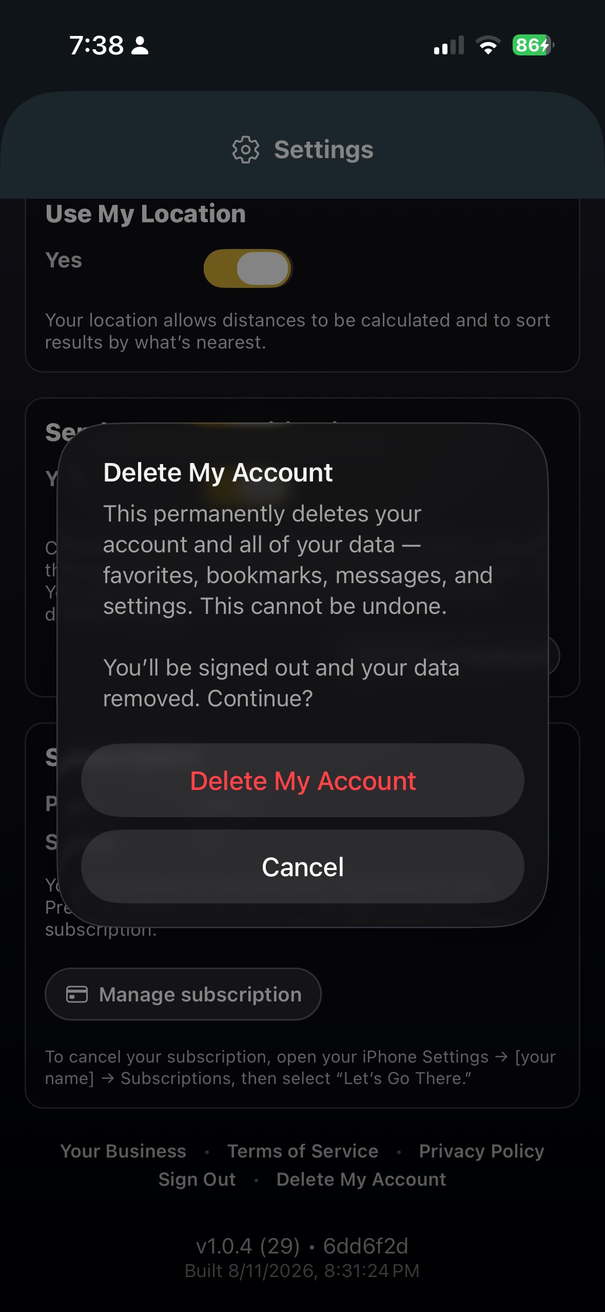 Settings → Delete My Account
